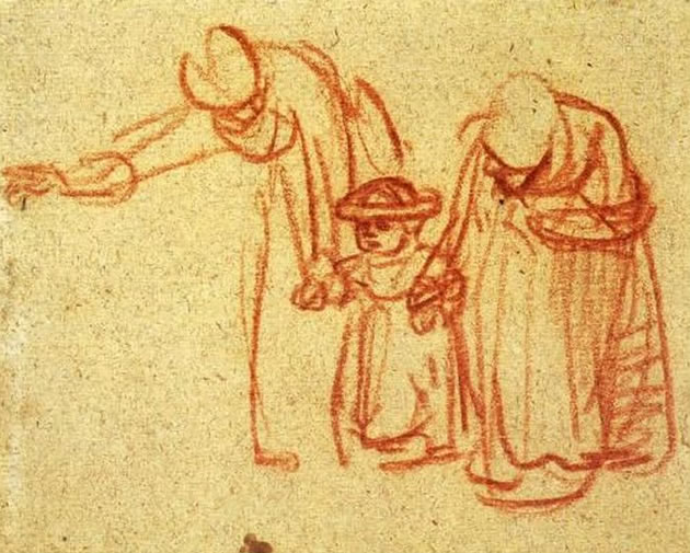 Questo disegno gestuale di Rembrandt è realizzato con un gesso rosso su carta ruvida. Poche righe espressive, ci fanno riconoscere la scena: due donne intente a insegnare a un bambino a camminare.